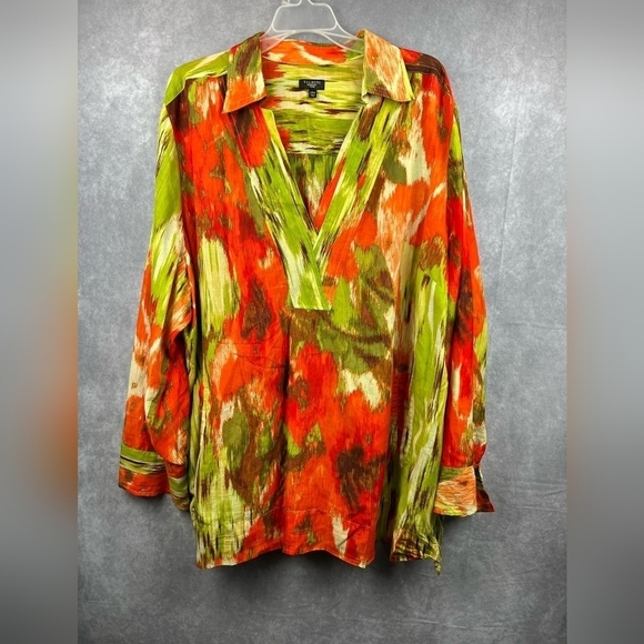 Talbots Colorful‎ Silk Cotton Long Sleeve Abstract Kangaroo Pocket Blouse 24W - Picture 2 of 13